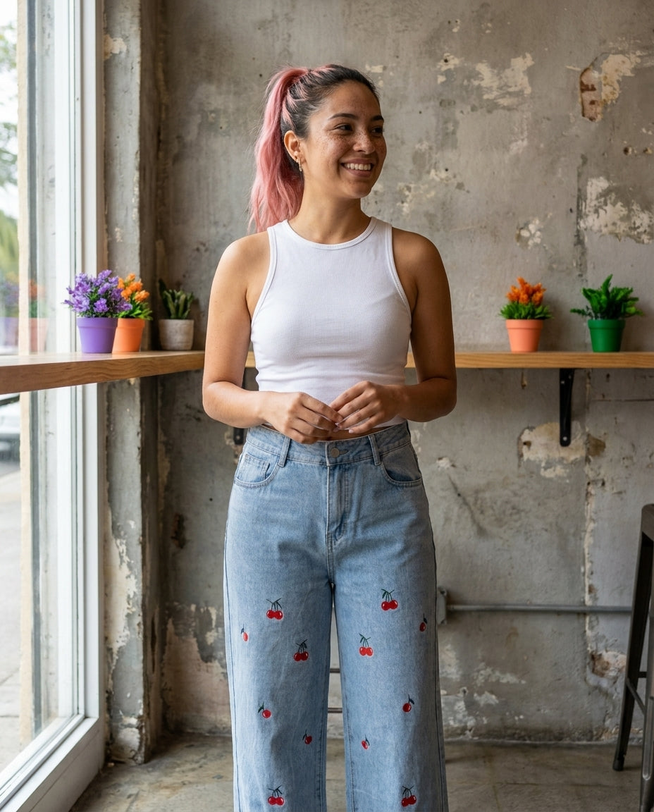 Jeans Anchos Estampado Cerezas | Pantalón Vintage